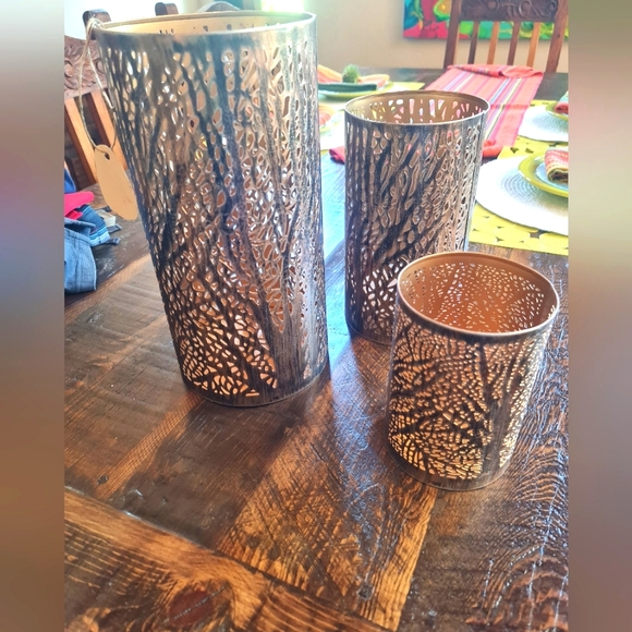 Elegant Gold Bronze Metallic Hurricane Candle Holder Set/3 EUC Never Used - Picture 1 of 5
